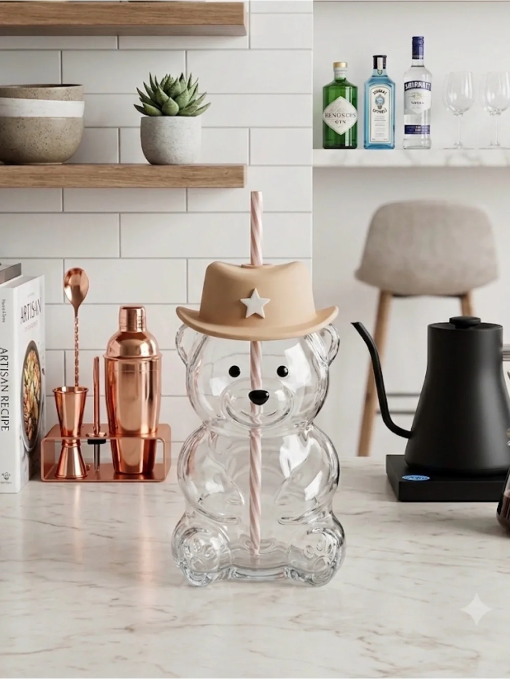 Clear Glass Bear Drink Bottle with Tan Cowboy Hat Straw Lid 19oz